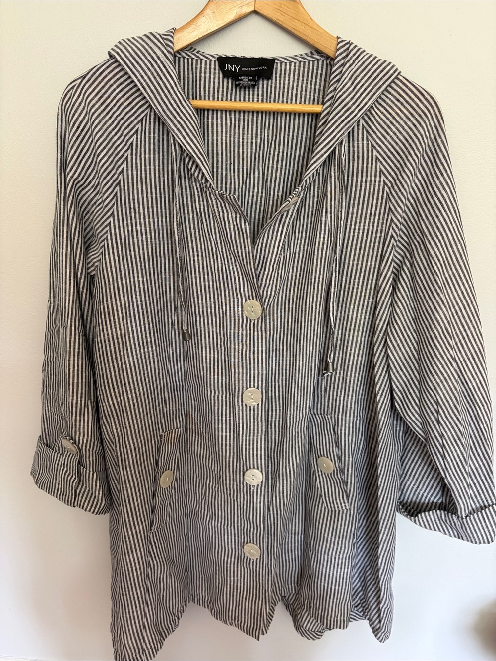 Jones New York Black & White Striped Hooded Button-Front Top